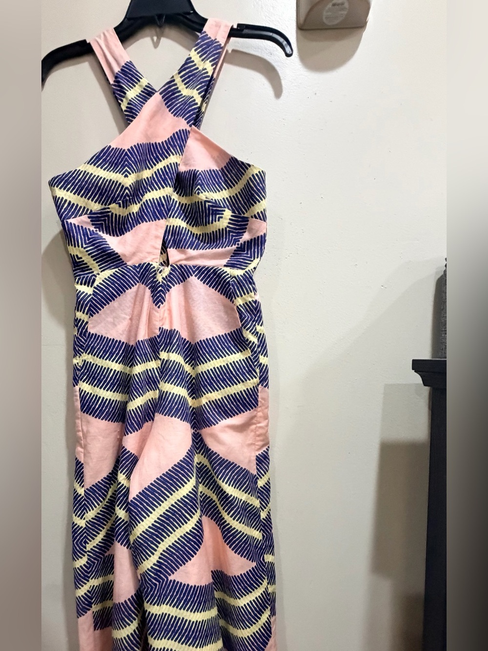 Corey Lynn Calter Pink Chevron Print Jumpsuit with Navy & Cream Accents